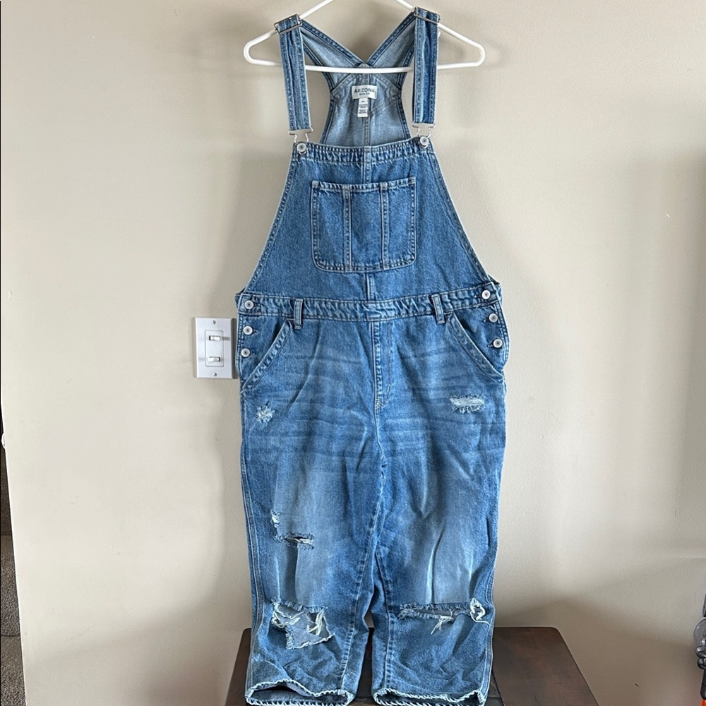 Arizona Jean Company Blue Denim Distressed Overalls